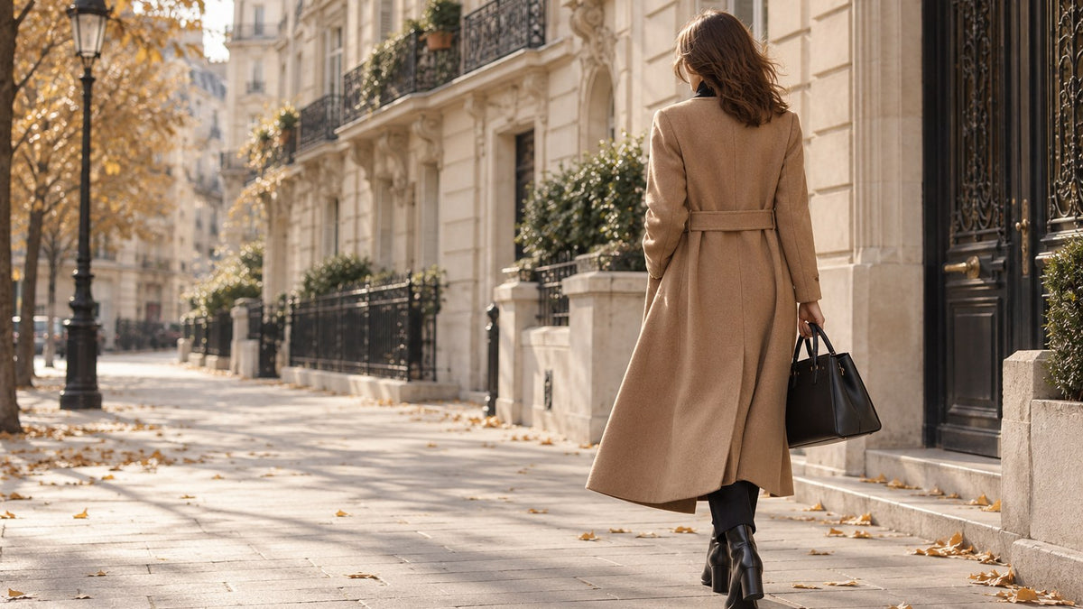 Femme en manteau camel marchant dans une rue parisienne en automne