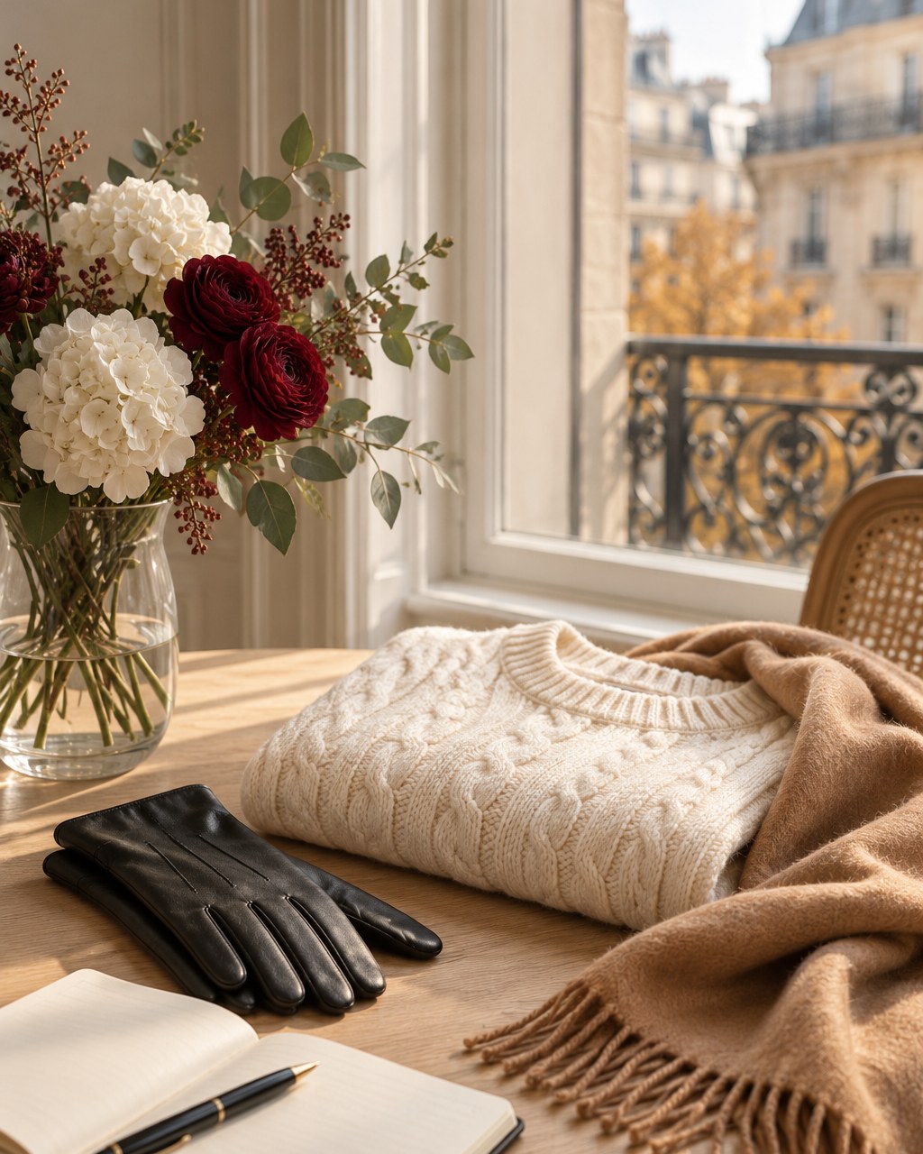 Pull torsadé ivoire, écharpe camel et gants noirs près d'une fenêtre